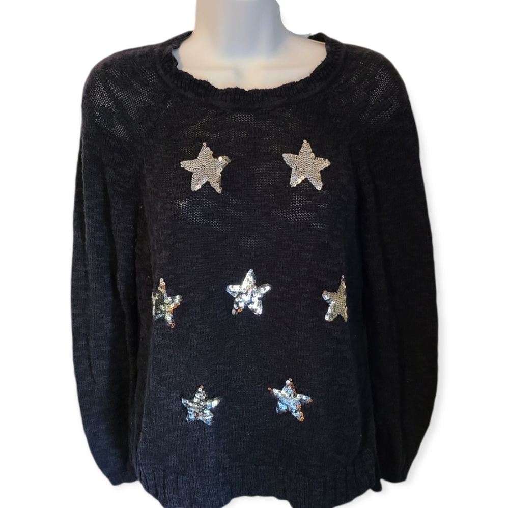 INC Navy Sweater with Silver Sequin Stars | Size Large | Cotton Blend